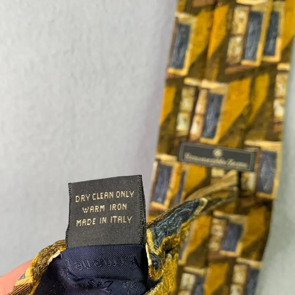 Ermenegildo Zegna Neck Tie Silk Gold Blue Geometric Windows Made In Italy Mens